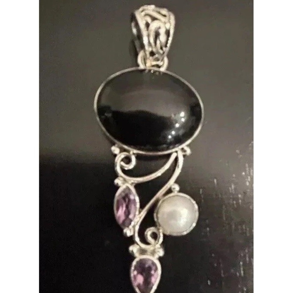 Large Sterling Silver Pendant Oval Onyx Amethyst Stones 925 Crafted Design 2"